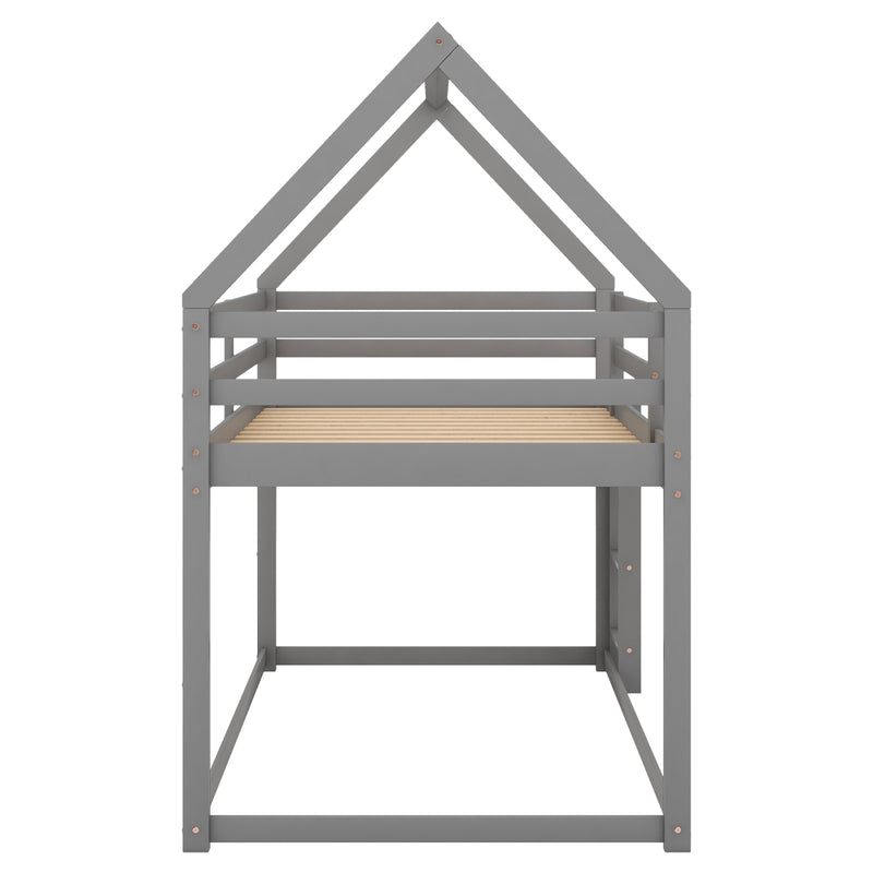 Gray Twin Over Twin Low Bunk Bed with Ladder
