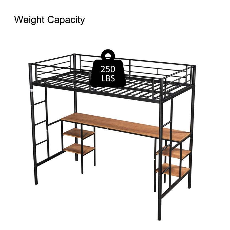 Twin Size Loft Bed with Desk & Shelves - Heavy Duty Metal