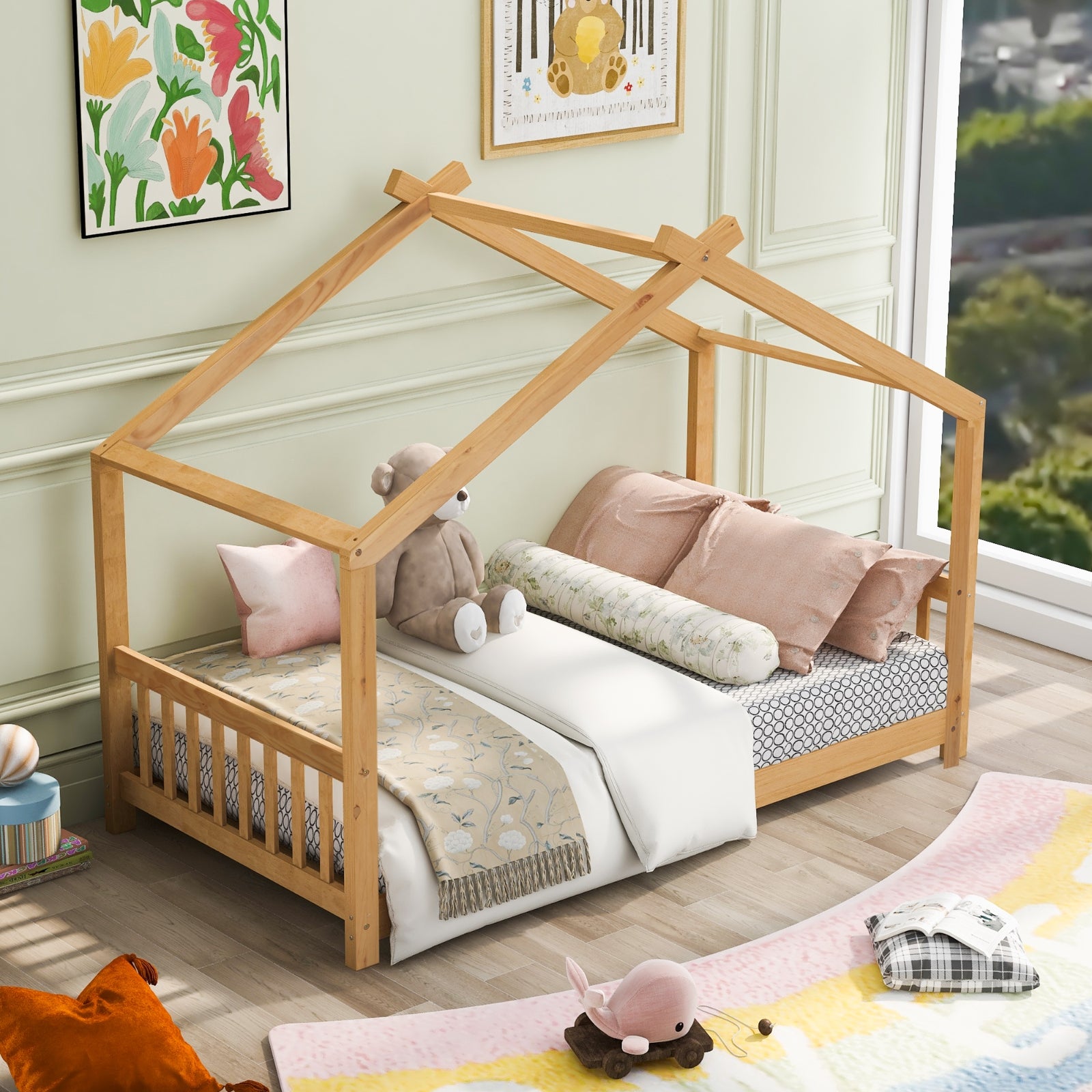 Twin House Bed Frame with Roof, Headboard & Footboard