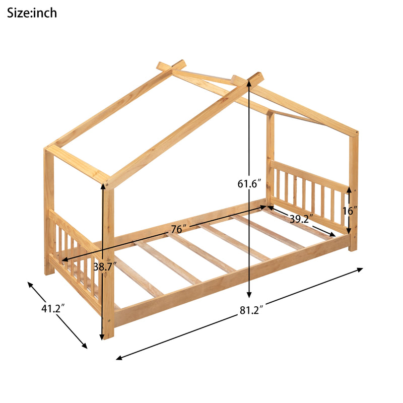 Twin House Bed Frame with Roof, Headboard & Footboard