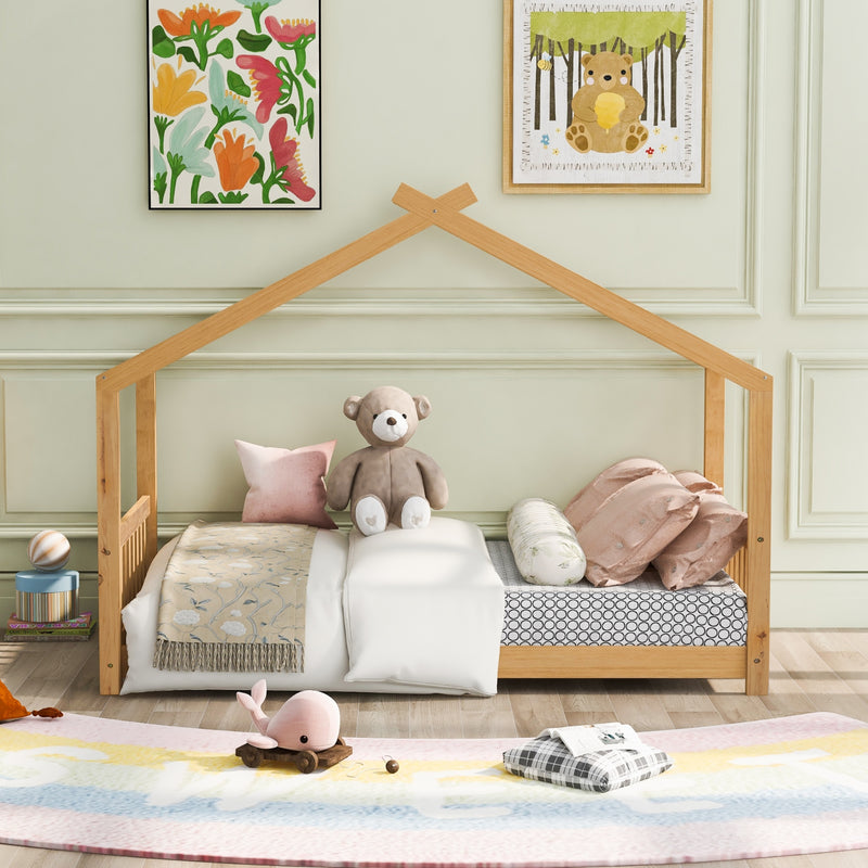 Twin House Bed Frame with Roof, Headboard & Footboard