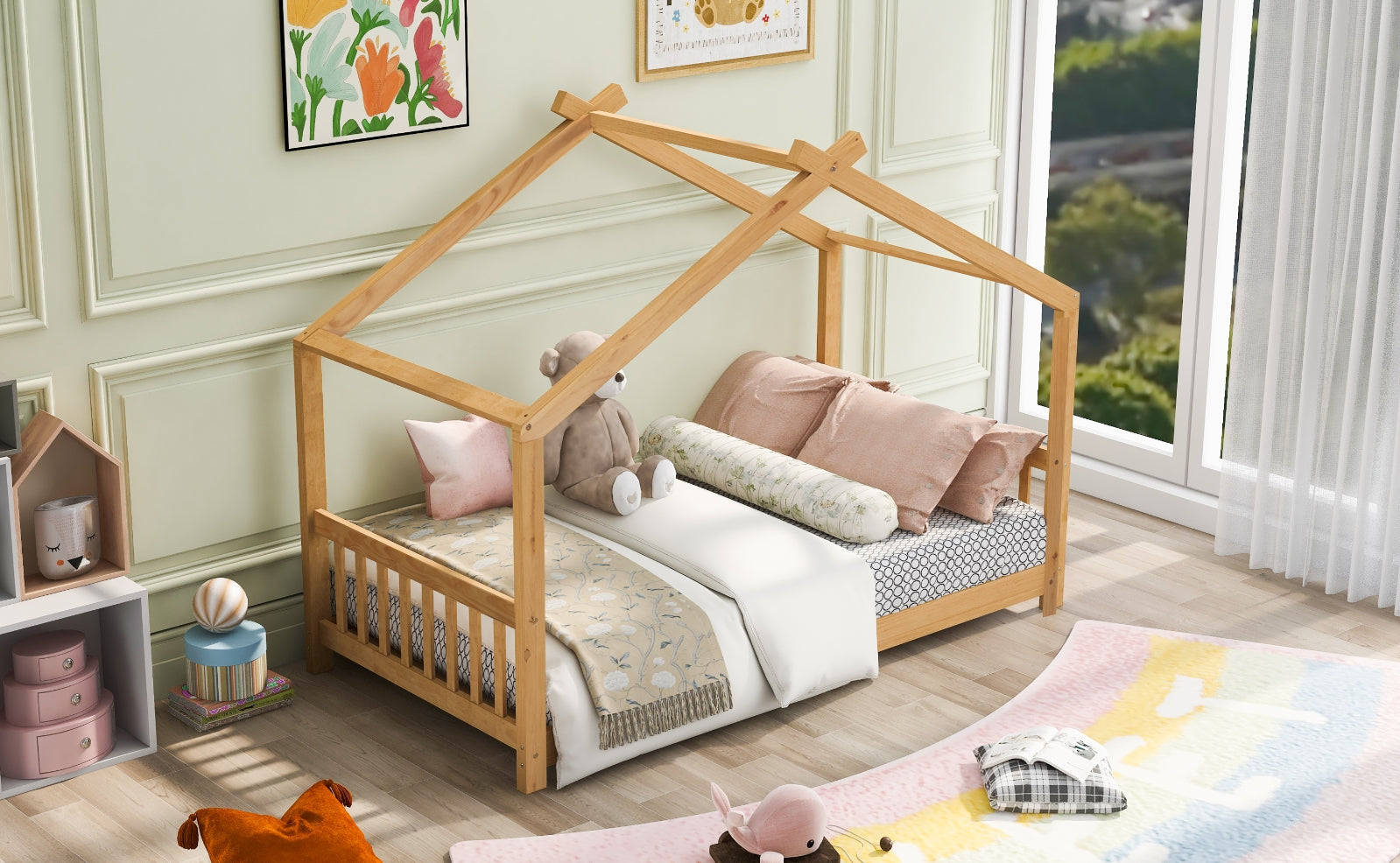 Twin House Bed Frame with Roof, Headboard & Footboard