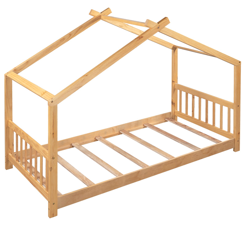 Twin House Bed Frame with Roof, Headboard & Footboard