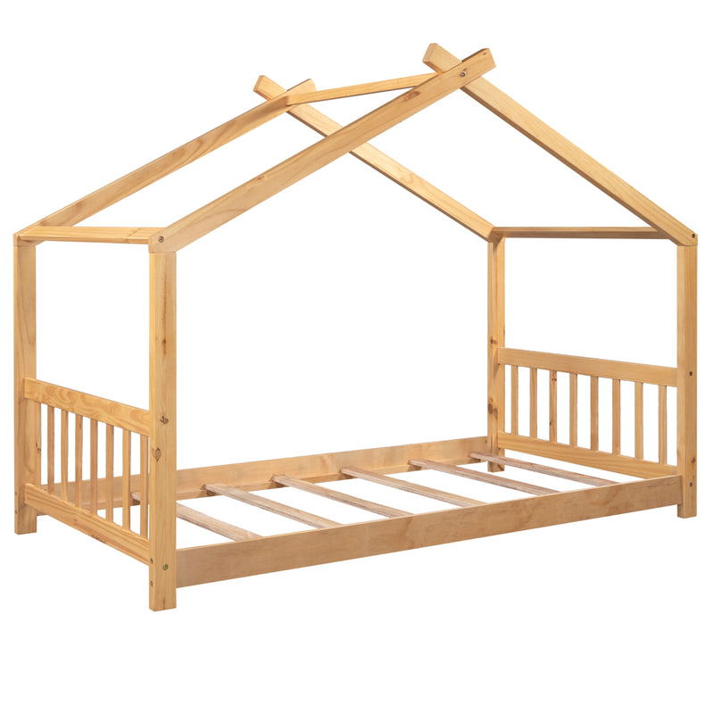 Twin House Bed Frame with Roof, Headboard & Footboard