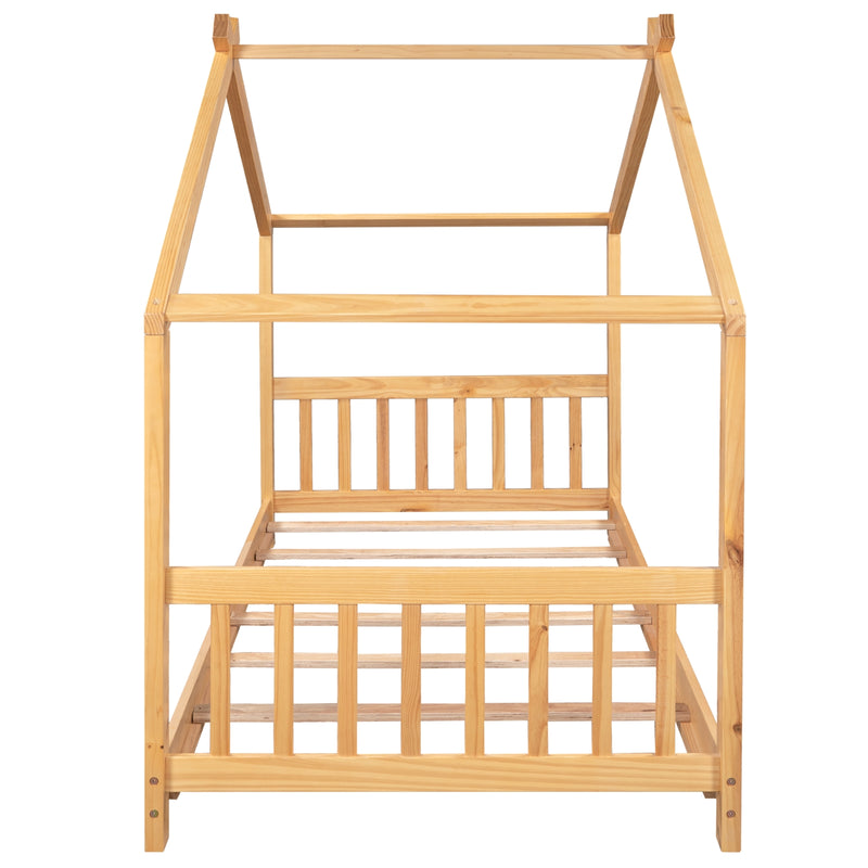 Twin House Bed Frame with Roof, Headboard & Footboard