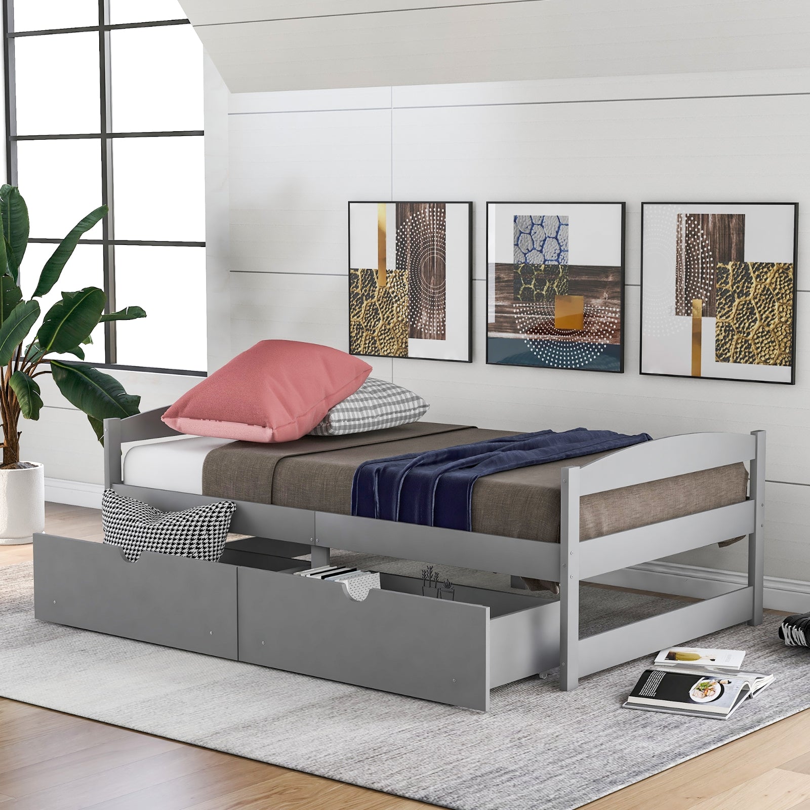 Twin Size Platform Bed with Storage Drawers, Gray