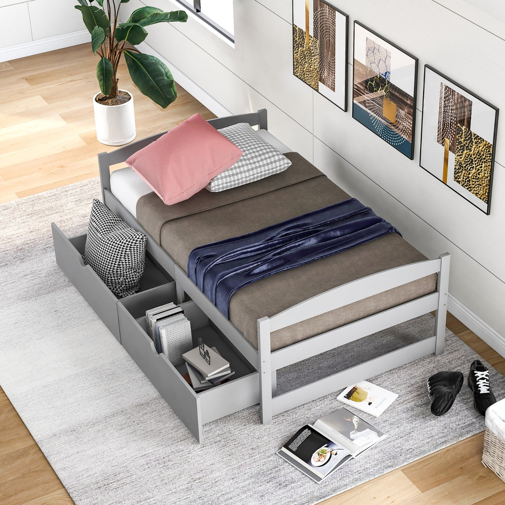 Twin Size Platform Bed with Storage Drawers, Gray