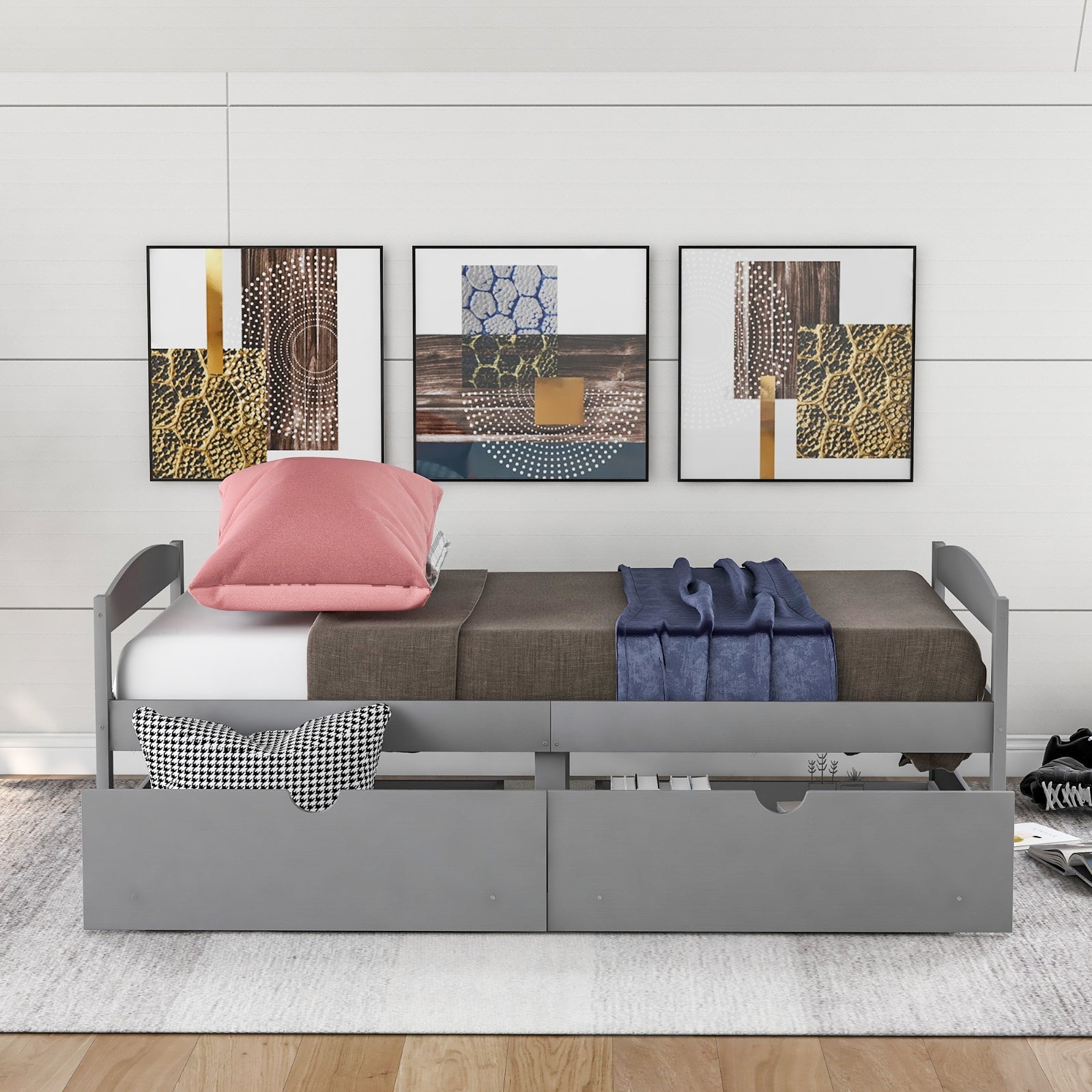 Twin Size Platform Bed with Storage Drawers, Gray