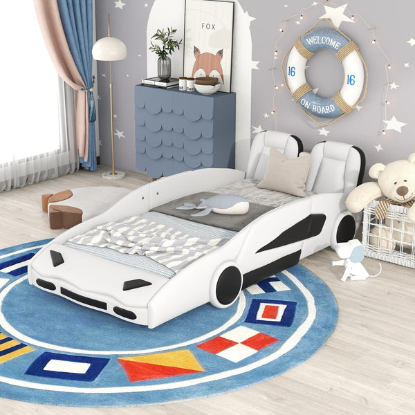 White Twin Race Car Bed for Kids with Wheels