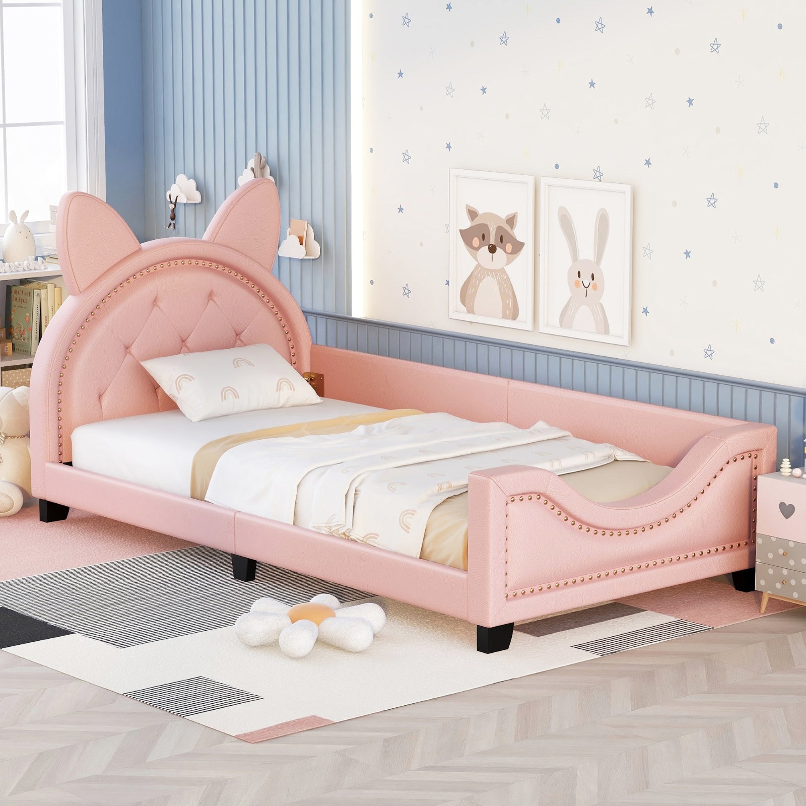 Pink Twin Upholstered Daybed with Cute Ear Headboard