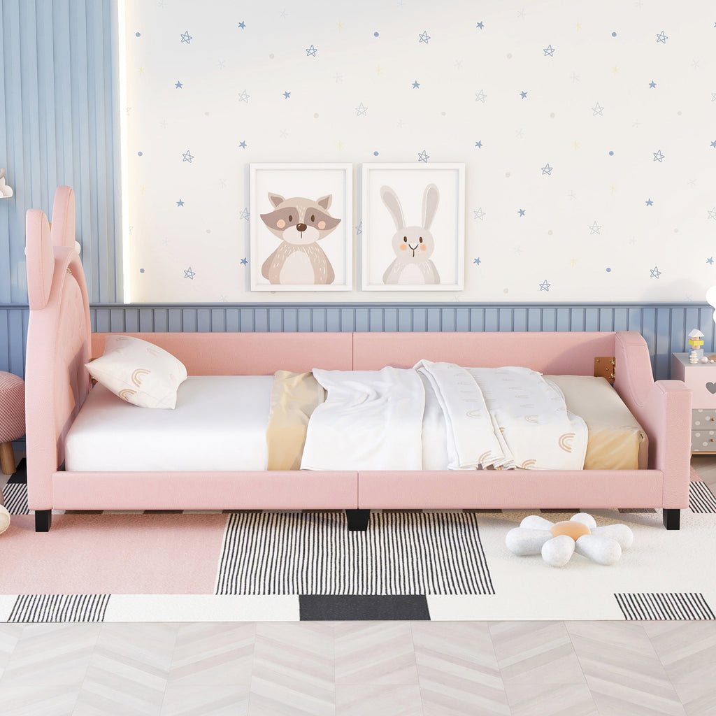 Pink Twin Upholstered Daybed with Cute Ear Headboard