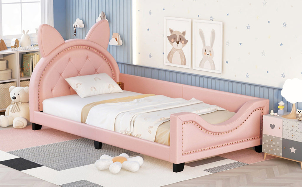 Pink Twin Upholstered Daybed with Cute Ear Headboard