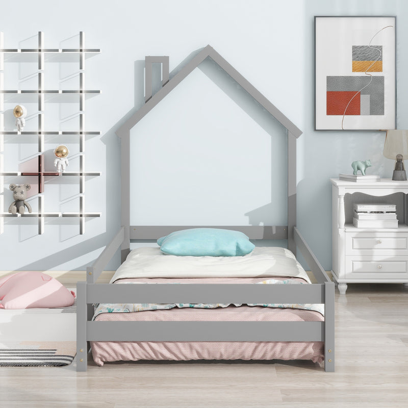 Grey Twin Size Wood Bed with House Headboard & Fences
