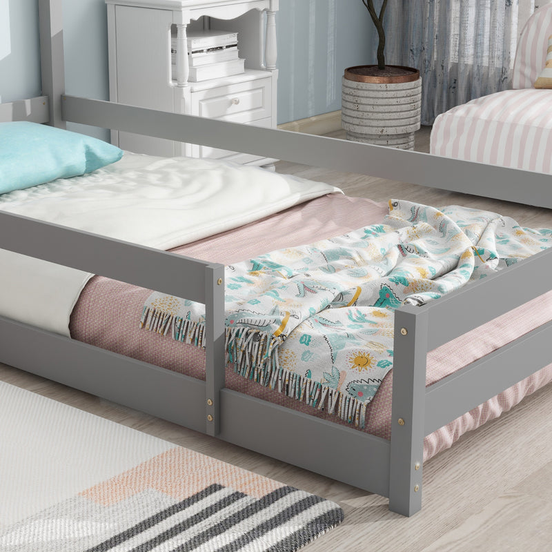Grey Twin Size Wood Bed with House Headboard & Fences