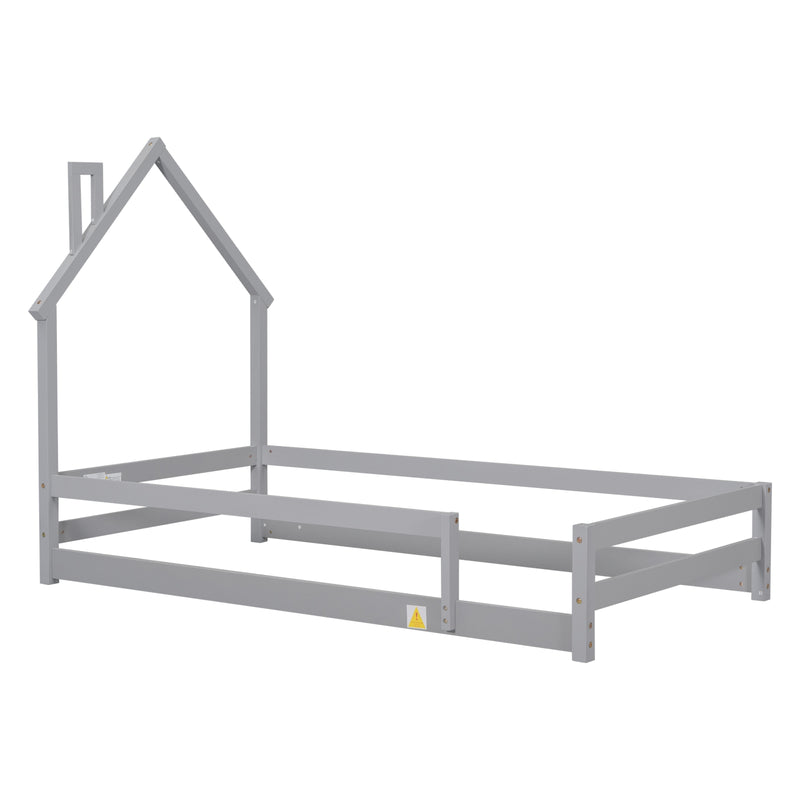 Grey Twin Size Wood Bed with House Headboard & Fences