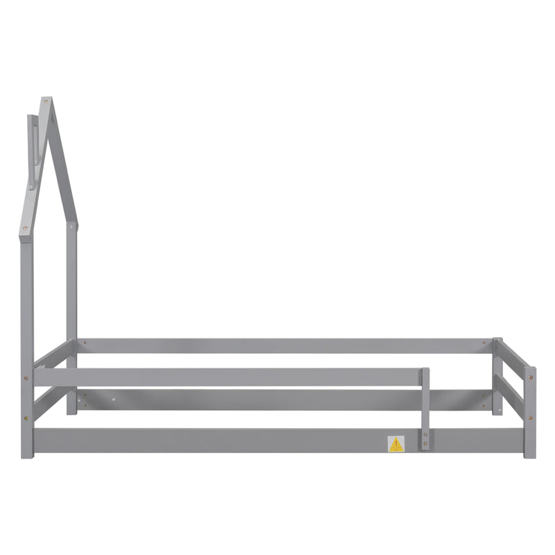 Grey Twin Size Wood Bed with House Headboard & Fences