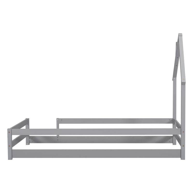 Grey Twin Size Wood Bed with House Headboard & Fences