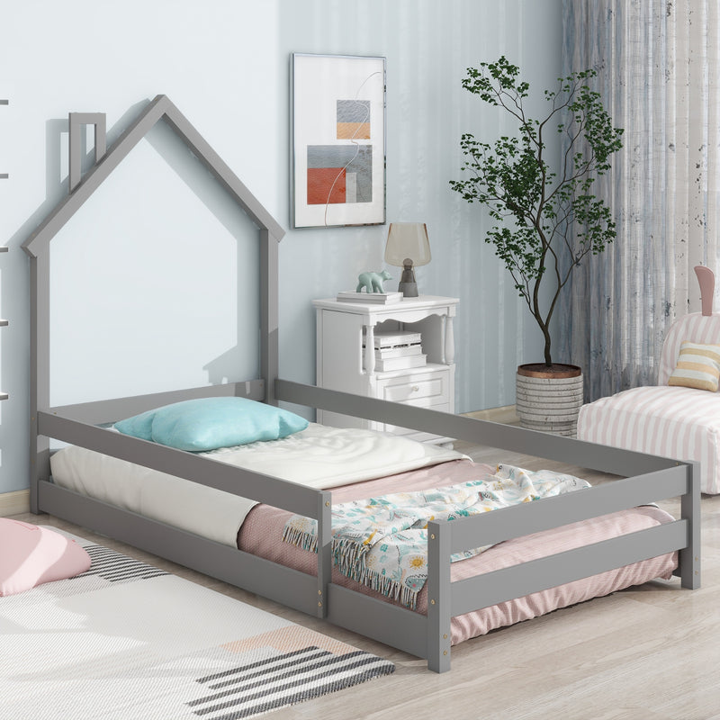Grey Twin Size Wood Bed with House Headboard & Fences