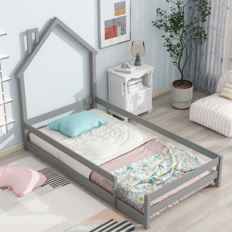 Grey Twin Size Wood Bed with House Headboard & Fences