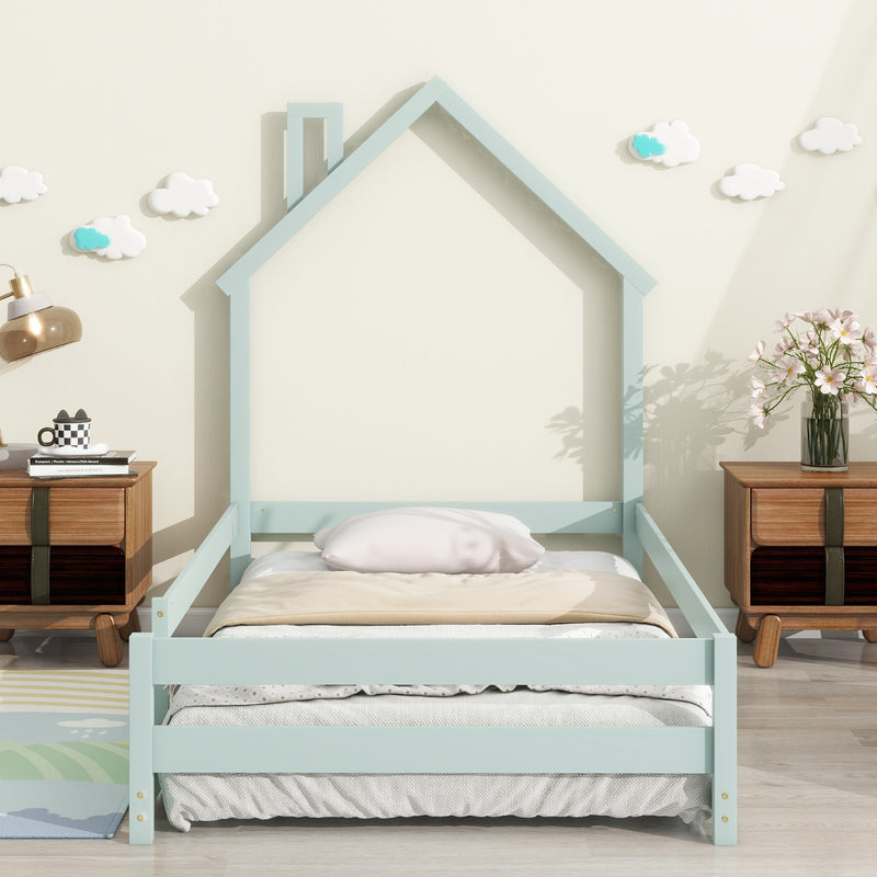 Light Green Twin Size Wooden Bed with House Headboard