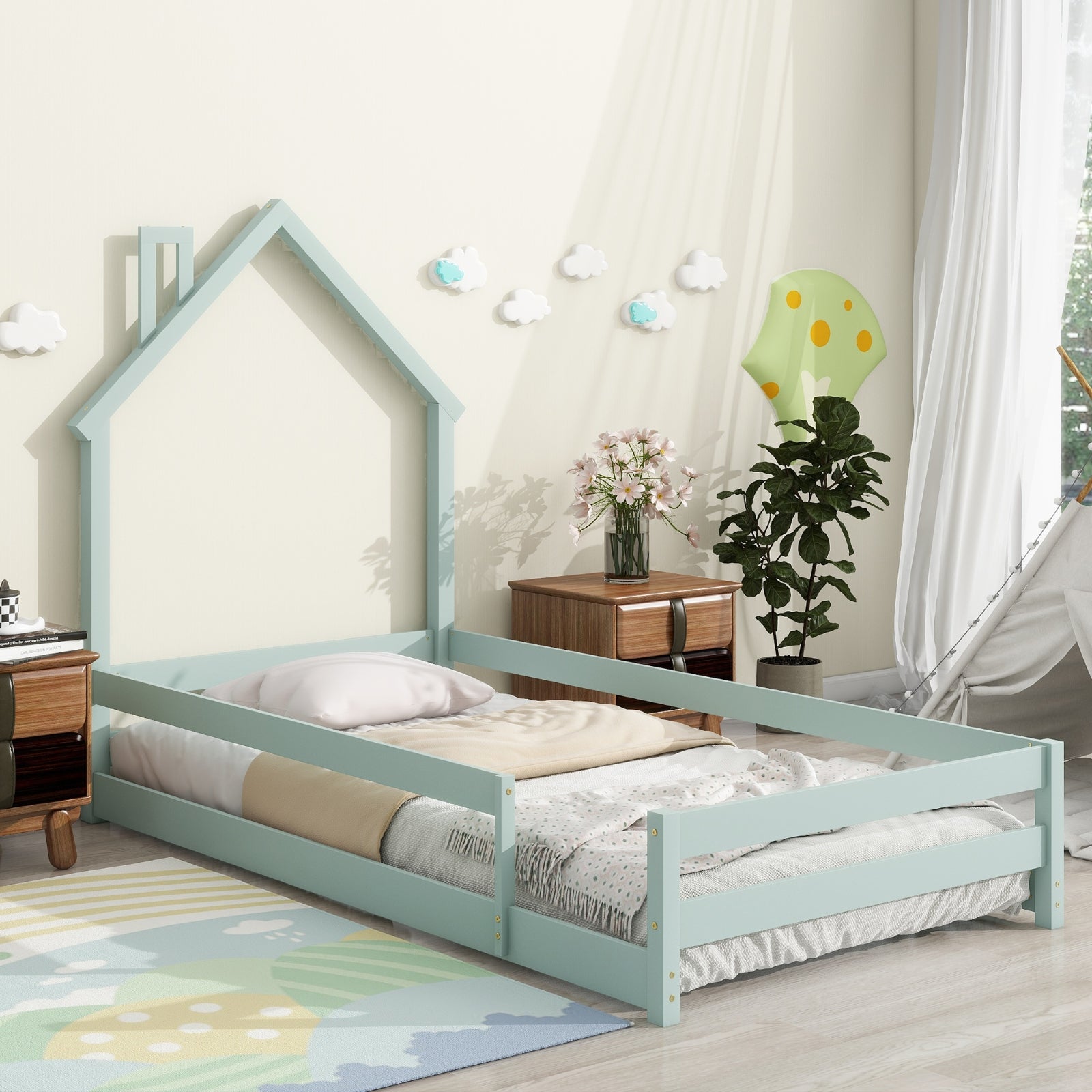 Light Green Twin Size Wooden Bed with House Headboard