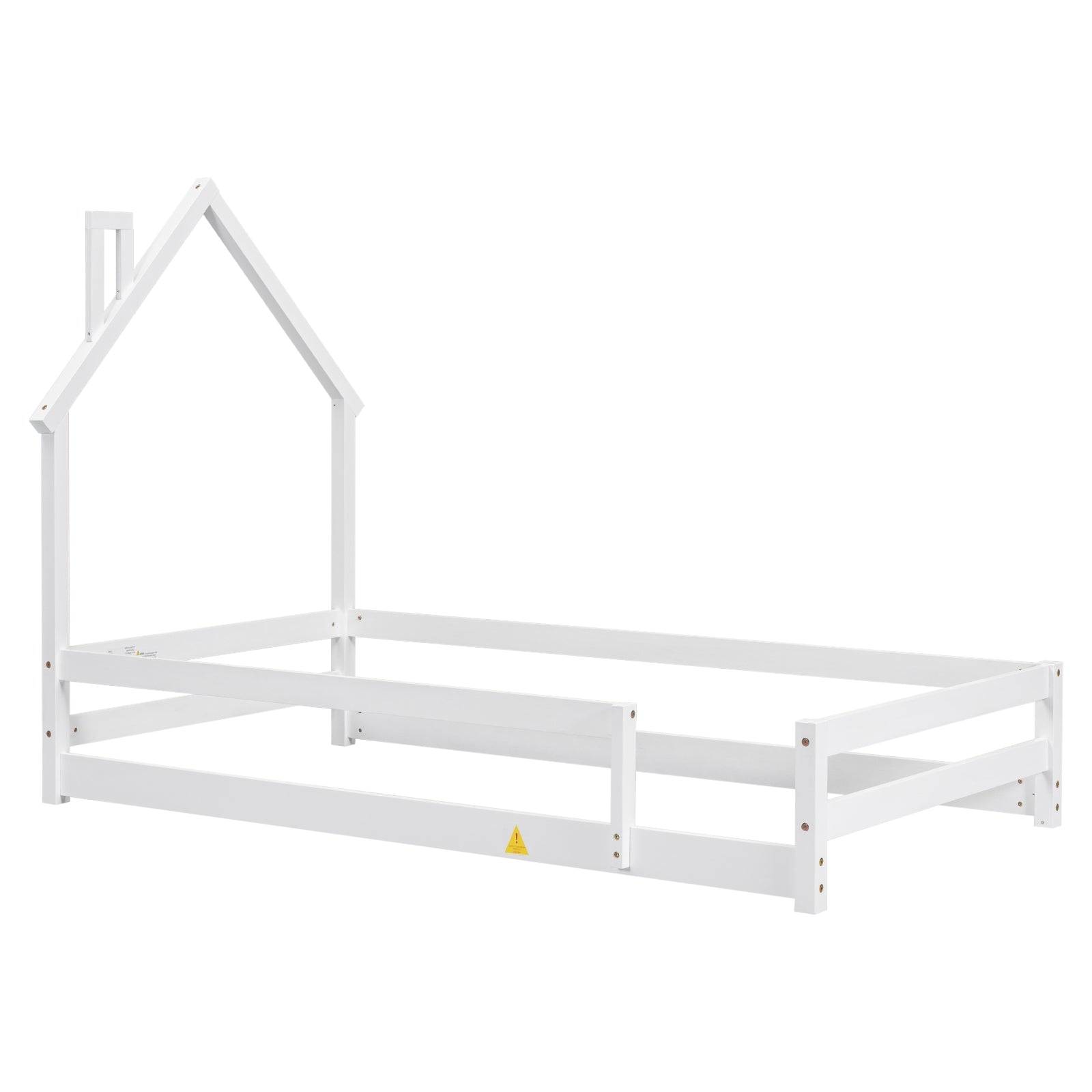 Twin Size Wood Floor Bed with House Headboard & Fence, White