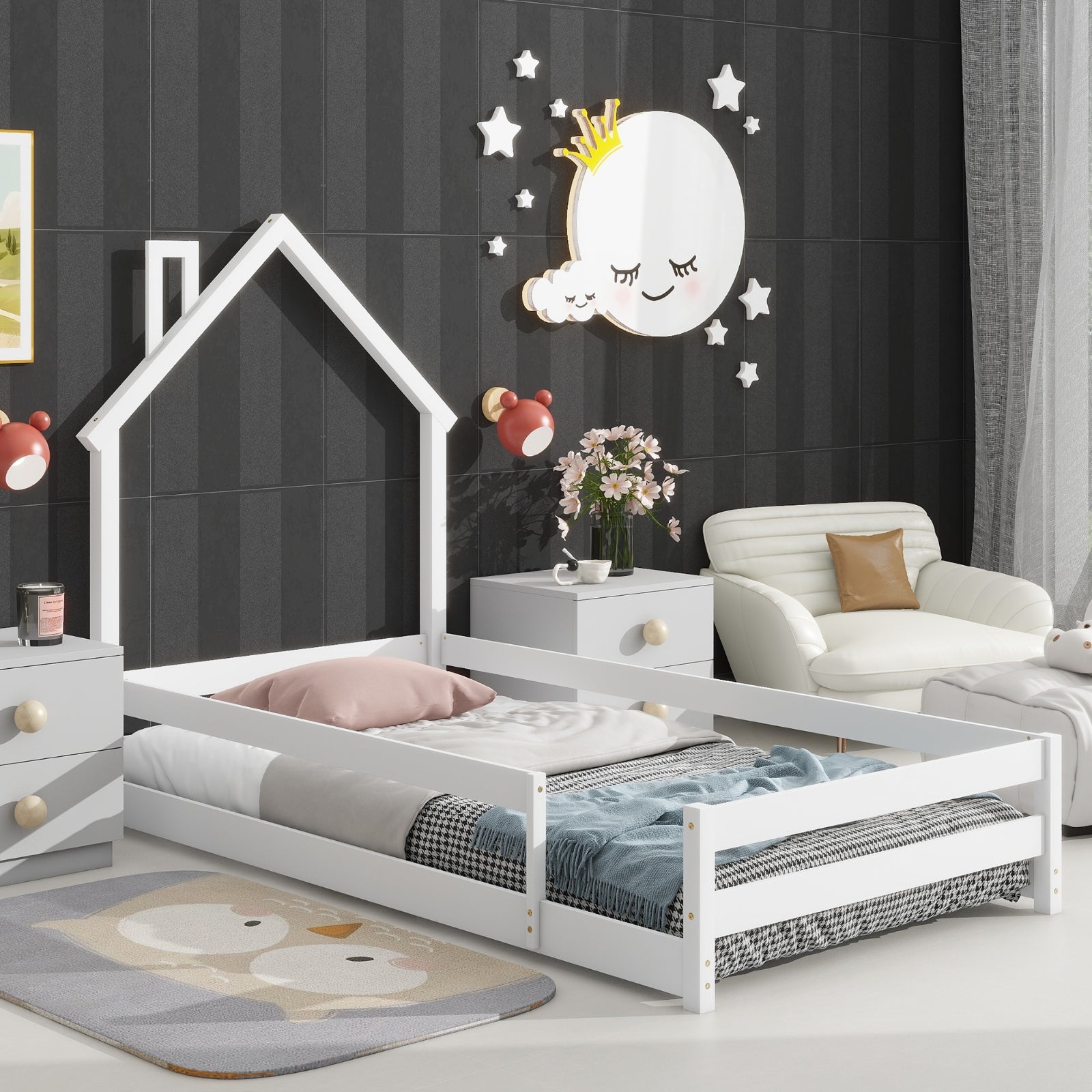 Twin Size Wood Floor Bed with House Headboard & Fence, White