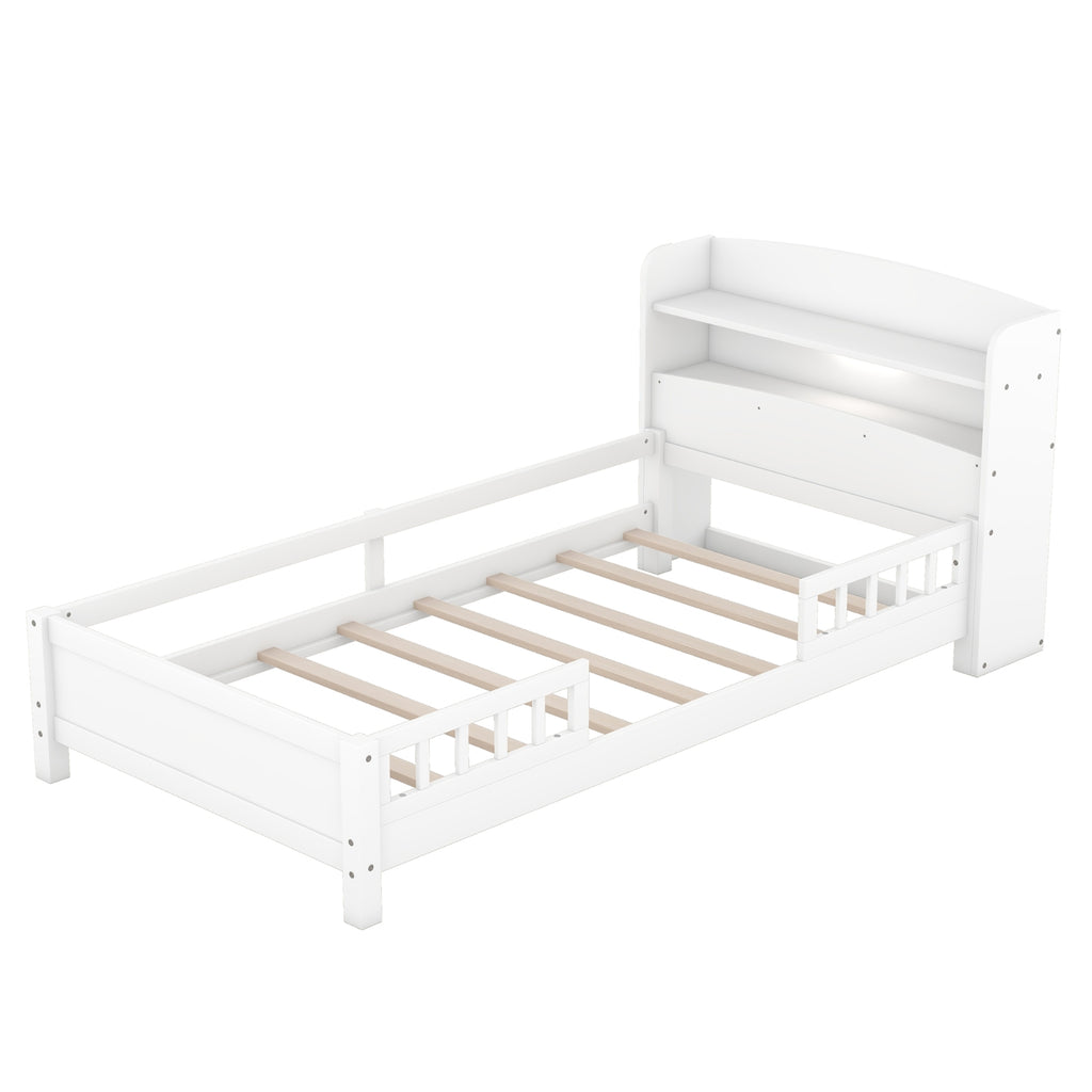 Twin Size Wood Platform Bed with LED & Storage Headboard