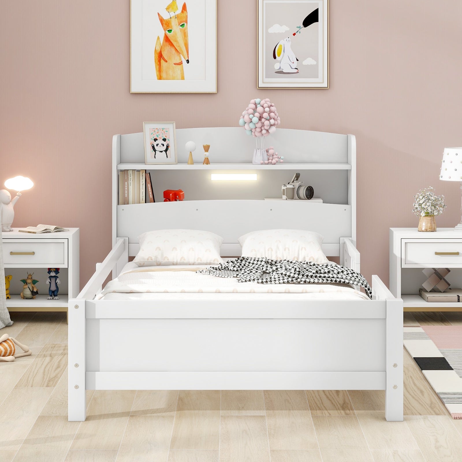 Twin Size Wood Platform Bed with LED & Storage Headboard