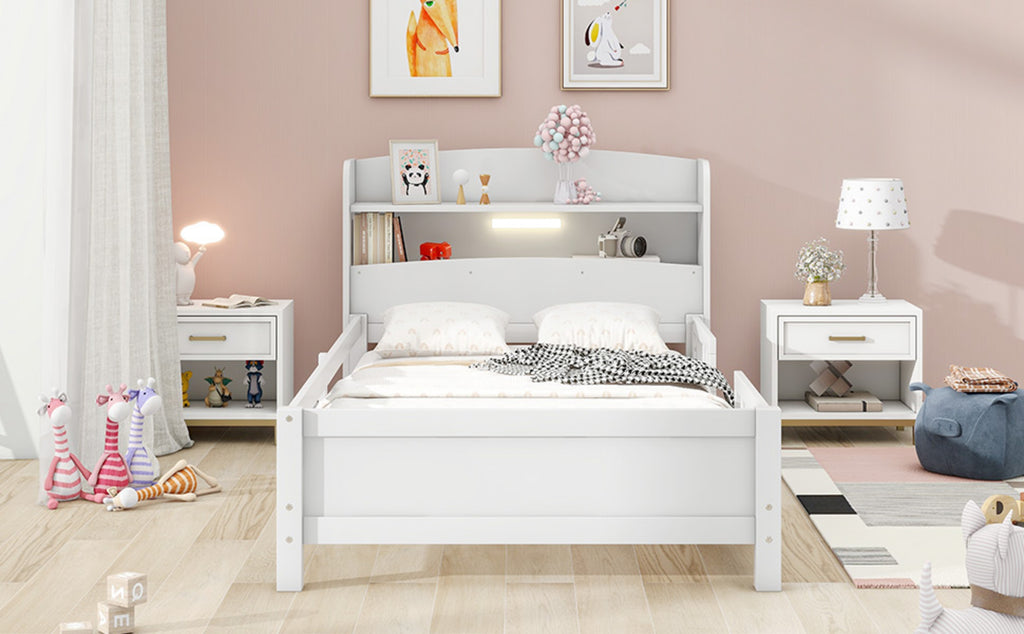 Twin Size Wood Platform Bed with LED & Storage Headboard