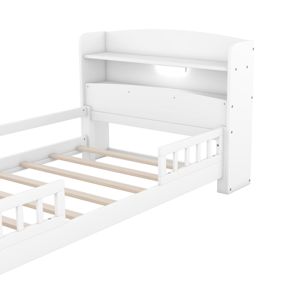 Twin Size Wood Platform Bed with LED & Storage Headboard