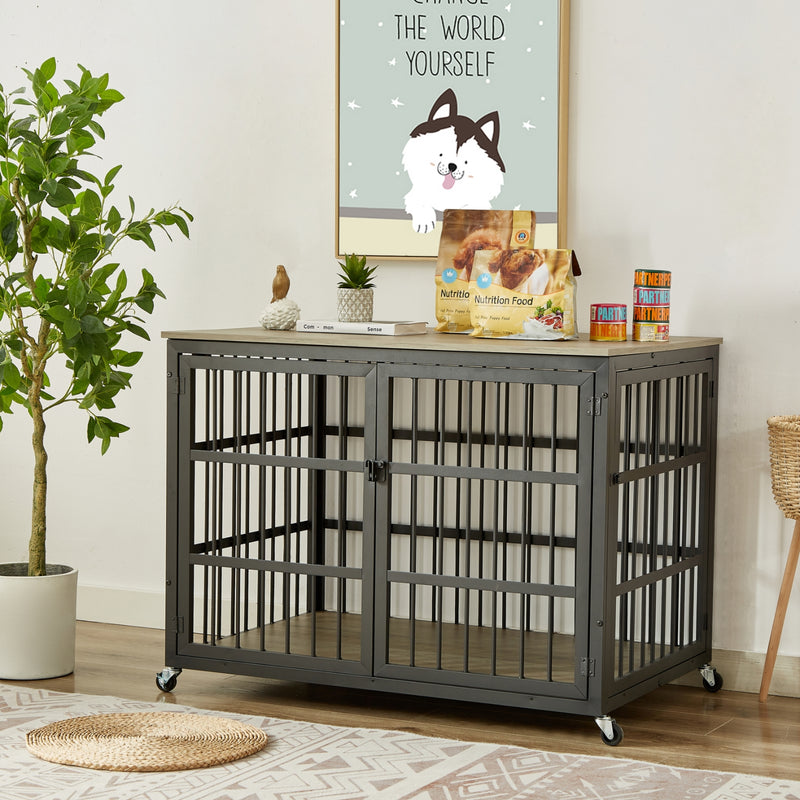Wrought Iron Dog Crate Furniture, Side Openings, Grey, 43.3"W x 29.9"D x 33.5"H